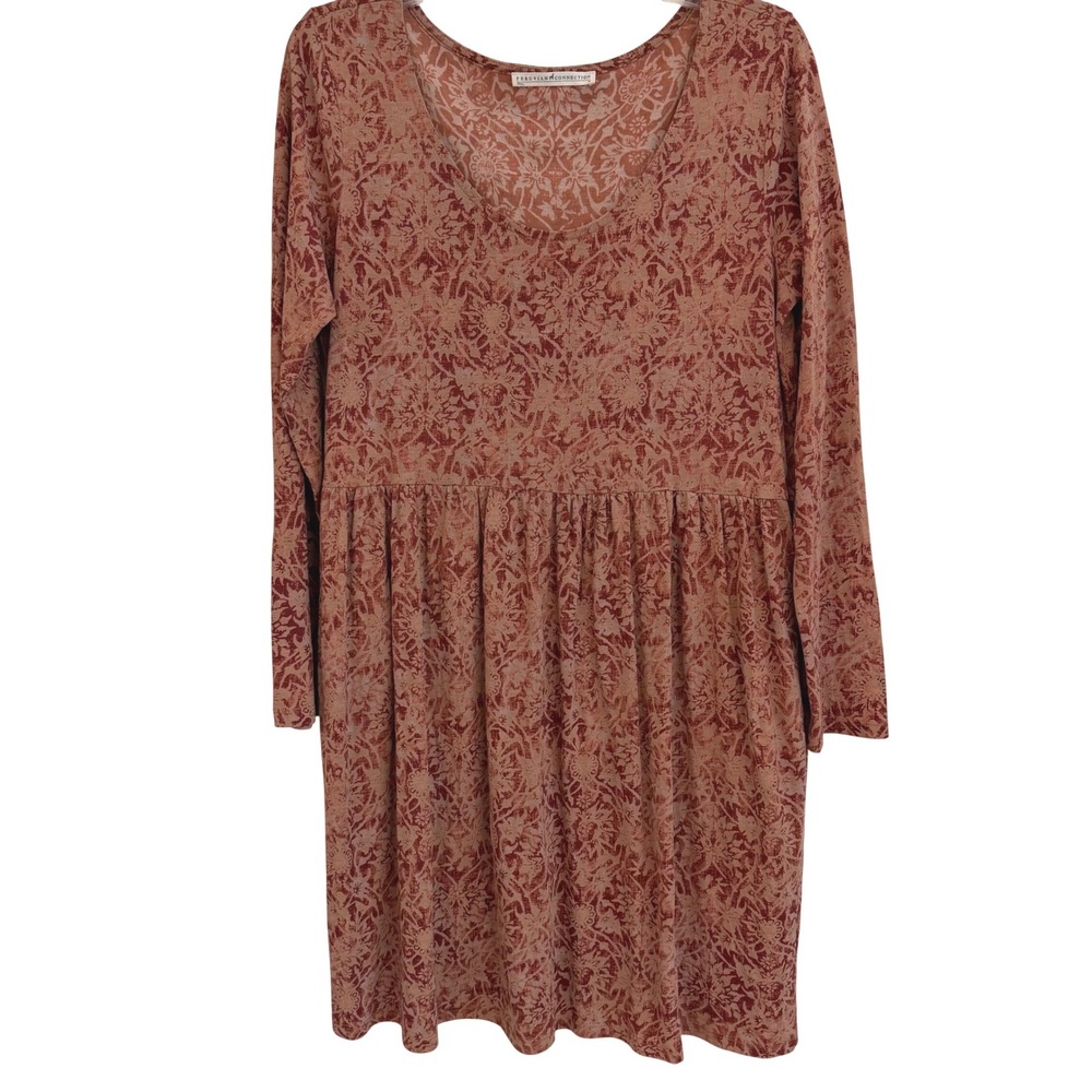 Peruvian Connection Pima Cotton Floral Damask Long Sleeve Dress Terracotta M